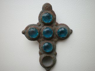 Rare Medieval Blue Glass Stones Pendant Cross 16 - 17 Century Ad For Restoration