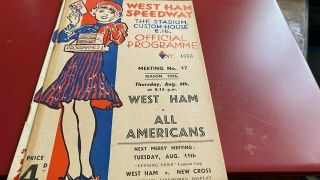 West Ham Hammers V All Americans - - - Speedway Programme - - - 6th August 1936 - - - Rare