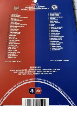 ARSENAL V CHELSEA Heads up FA CUP FINAL PROGRAMME 1/8/2020 Rare 2