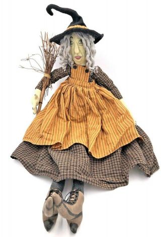 Handmade? Primitive Witch Doll Broom Fall Folk Art Halloween