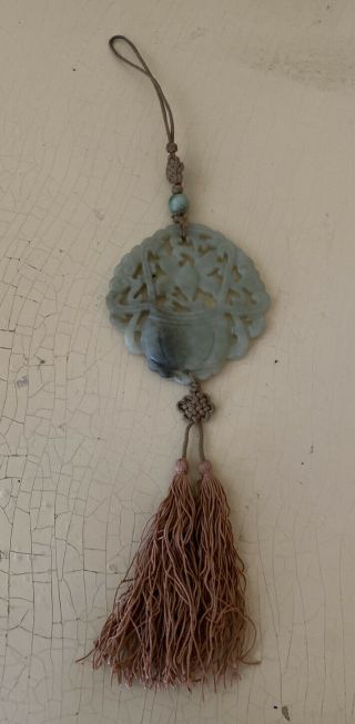 Vintage/antique Asian Chinese Carved Green Jade Medallion Tassel Pendant