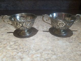 Vintage Silver Plated Cream And Sugar Bowls Handled Flower Rose Antique