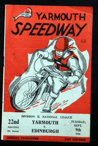 Old Rare Vintage Speedway Programme Yarmouth V Edinburgh