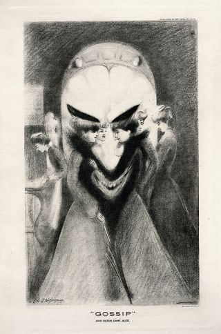 Rare C.  1900 Gossip And Satan Came Also Optical Illusion Noir Art Print Antique