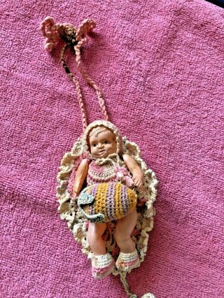 Antique " Its A Girl " Miniature Doll Hands Legs Head Crocheted Clothes Ornament