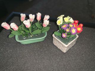 Antique Doll House Mini Porcelain Flower Planters 2 Tulips Pottery Magical Art