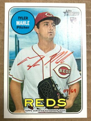 Tyler Mahle 2018 Topps Heritage Red Ink Auto Rc/69 Reds Rare Rookie Autograph