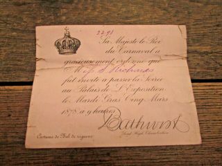 Rare 1878 Mardi Gras Rex Invitation Paper Admit Card Female