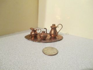 Vintage Doll House Miniature Copper Tea Set On Tray Handcrafted.  Mexico?