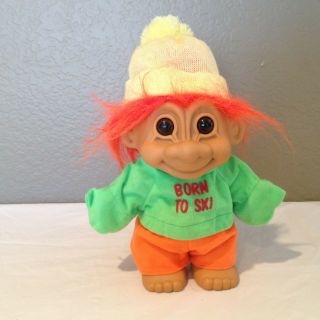 Vintage Russ Large 7 " Tall Orange Haired Brown Eyed Troll Baby/doll Born To Ski -