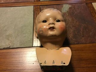 Antique Tin Doll Head Part: Brown Eyes: Teeth: Boy: 7” Tall