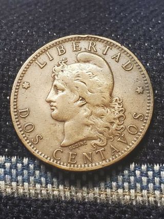 1882 Argentina 2 Centavos Rare Date Copper Coin Km33 Exceptional