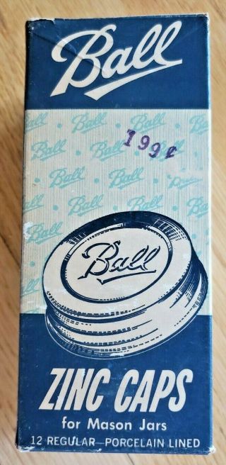 Vintage Box Of 12 Ball Zinc Caps,  Porcelain Lined (jar Lids) Regular Mouth