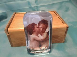 Antique Vintage Heavy Cherub Angels The First Kiss Picture Glass Paper Weight