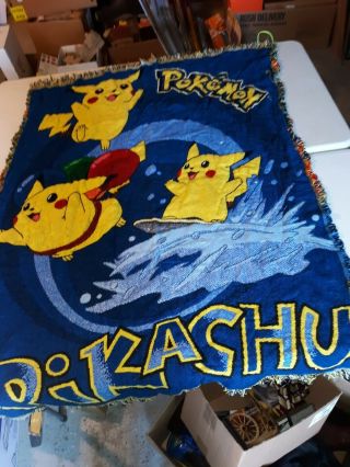 Vguc - Vintage - 55” X 40” Pokemon Throw Blanket Tapestry Pikachu Surfing Flying