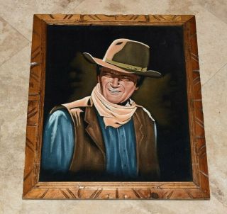 Rare Vintage John Wayne 19 X 23 Inch Painting On Velvet - Framed -