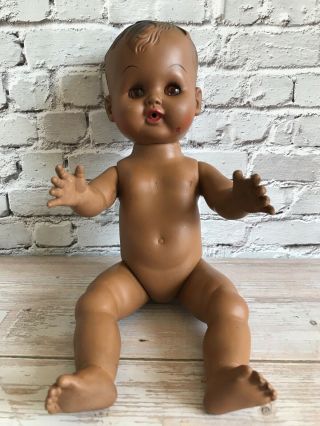 Vintage 50s 60s Plastic Black African American Doll 12 " Tall Eyes Open & Close
