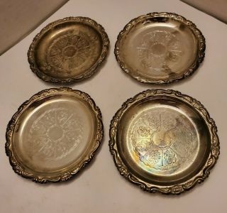 Vintage Silver Plated Ep On Steel Set Of Four (4) Mini Etched Coasters Italy 4 "