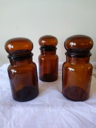 Set Of 3 Small Collectible Mid - Cent Vintage Belgian Amber Glass Apothecary Jars.