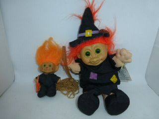 2 Russ Troll Doll Halloween Witch 11 " Tall With Broom Vintage Plush,  4 " Cat