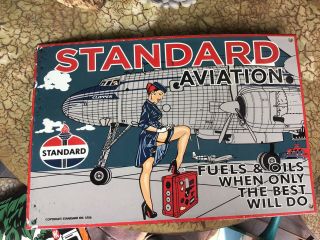 Rare Vintage Porcelain 1956 Standard Aviation Gasoline Sign Aircraft Airlines