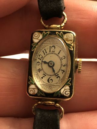 14k Gold Vintage Hoffman Swiss Ladies Watch With Enamel - Rare - For Restoration