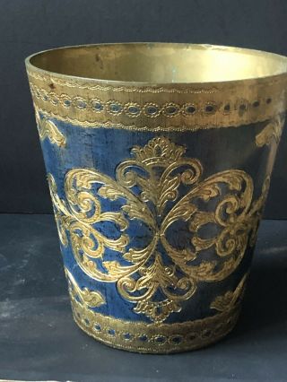 Rare Vintage Blue Gold Florentine Italian Trash Can Antique Wastebasket Italy