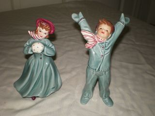 Rare Set 2 Florence Ceramics Figurine Girl With Puffs Happy Boy Hand In The Air