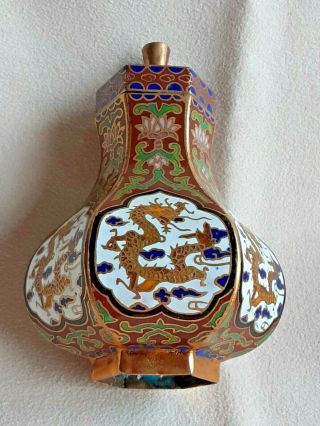Small Antique Chinese Cloisonne Urn With Lid Hexagonal Shape Dragon Motive