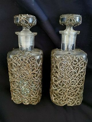 Antique Set Of 2 Victorian Filigree Cased Perfume/vanity Glass Bottles Ornate