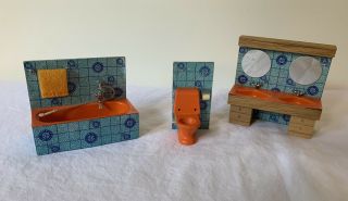 Htf Vintage 50s 60s Mcm Dollhouse Furniture Bathroom Blue Orange Lisa Of Denmark