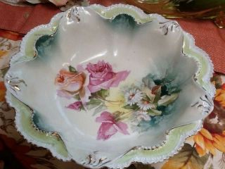 Antique Rs Prussia Bowl Roses Daisy Green White Gold Trim Scallops