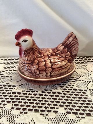 Vintage Unique Ceramic Hen On A Nest Chicken In A Basket Hand Painted Reds Brown