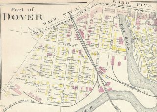 DOVER,  NH. ,  VINTAGE ANTIQUE 1892 MAP.  PART OF DOVER ON BOTH SIDES OF THE MAP 3