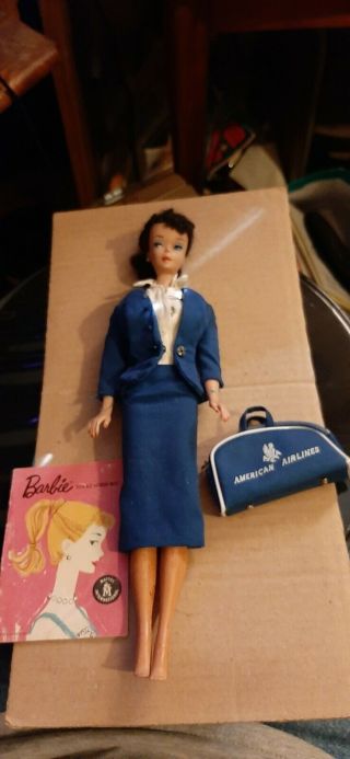 Vintage Rare 1961 Brunette Pony Tail Barbie With American Airlines Outfit