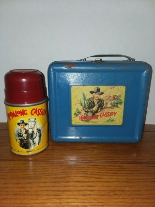 Vintage 1950s Hopalong Cassidy Lunchbox And Thermos Metal Blue Rare