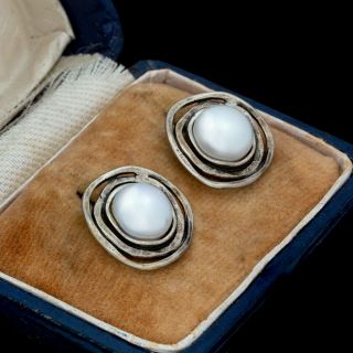 Antique Vintage Mid Century Style Sterling Silver Bili Mabe Pearl Earrings 3.  8g