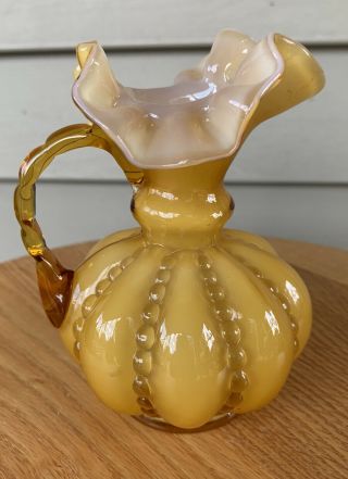 Vintage Rare Fenton Gold Overlay Beaded Melon Glass Amber Pitcher Mini