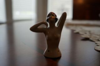 2.  5” Antique German Porcelain Half Doll Black Hair Nude Flapper 5882 Arms Up 2