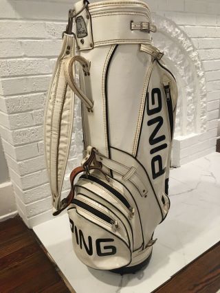 Vintage Ping Golf White & Black Staff Bag Vinyl Leather Cart Rare