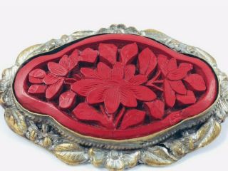 Antique Chinese Export Cinnabar Red Lacquer Floral Brooch Brass