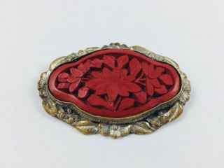 Antique Chinese Export Cinnabar Red Lacquer Floral Brooch Brass 2