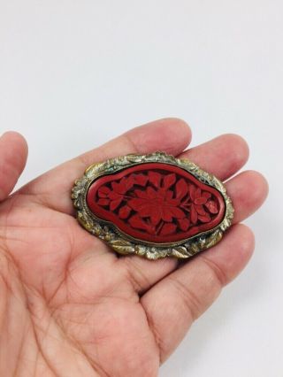 Antique Chinese Export Cinnabar Red Lacquer Floral Brooch Brass 3