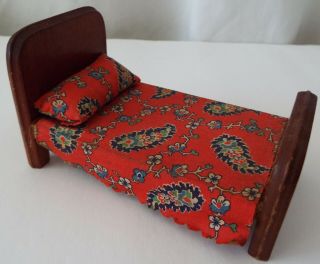 Kage Vintage 1938 Dollhouse Wood Bed With Red Bedspread & Pillow