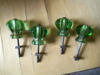 4 Vintage Green Glass 1/12 " Drawer Pull Knobs W/ Posts