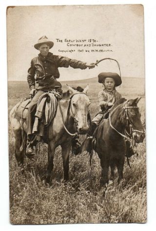 Antique Rppc Postcard Photo Cowboy Daughter W.  H.  Marrin 1909 Post Canton Kansas