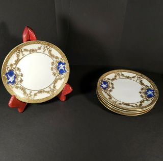 Very Rare Antique Noritake N1888 Blue Cobalt Gold Dove Set Of 5 Dessert Plates