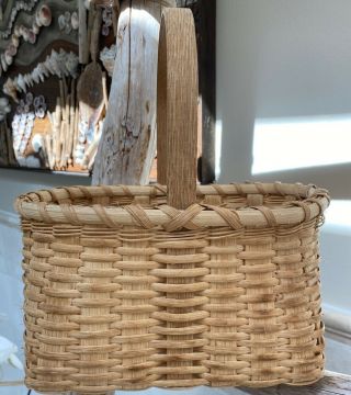Vintage Hand Woven Split Oak Gathering Basket W/handle Signed Dated