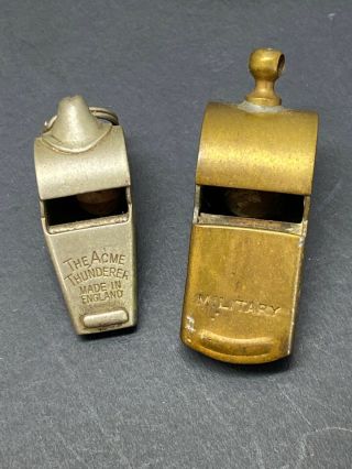 2 Antique Brass Military Whistle & The Acme Thunderer Trench Whistle Wwi Era