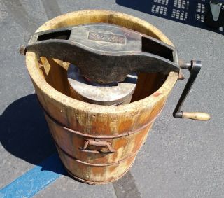 Rare 8 Qt Antique Primitive Wooden Frost King Ice Cream Maker Bucket Hand Crank